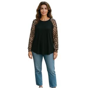 Cool‎ Melon Black Long Sleeve Animal Print Sleeves Raglan Tunic Top Size 1X
